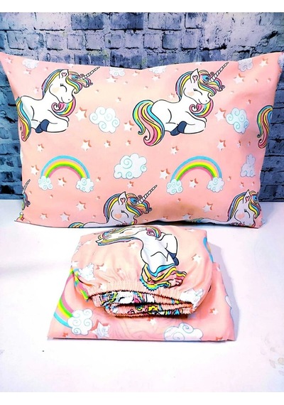 Lionas Unicorn Pamuklu Kumaş 100x200 Lastikli Çarşaf Takımı Pembe