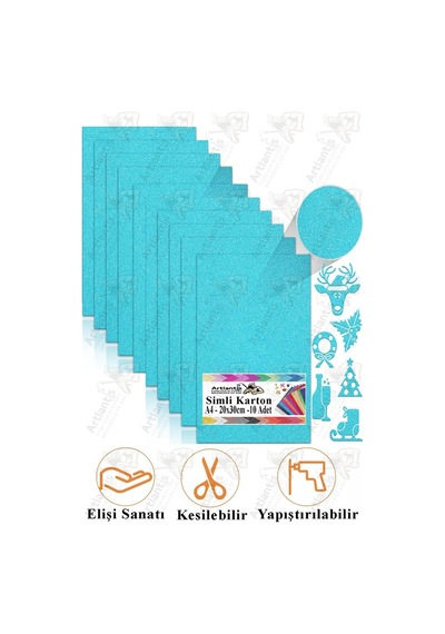 Açık Mavi Simli Karton A4 20x30 Cm 10 Lu 1 Paket Simli Fon Kartonu Parıltılı Kağıt Anasınıfı Kreş Etkinlik Proje