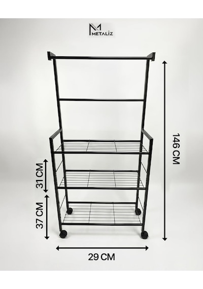 Tekerlekli Metal Saksı Standı Ve Bitki Askılığı - 3 Raflı Portatif Çiçek Rafı Siyah Diğer