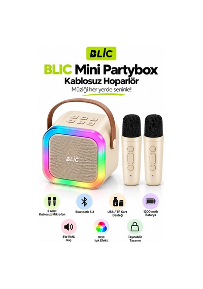 Blic Bls-97 Bej Partybox Çift Kablosuz Mikrofonlu Rgb Led Işıklı Taşınabilir Bluetooth Hoparlör