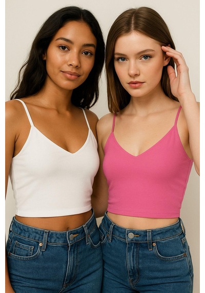 Kadın 2'li Paket Pembe Beyaz Kısa Crop İp Askılı V Yaka Krop Bluz Büstiyer Çok Renkli