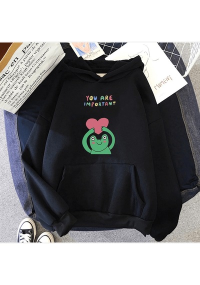 Kurbağa Kalpli Kapşonlu Sweatshirt Siyah
