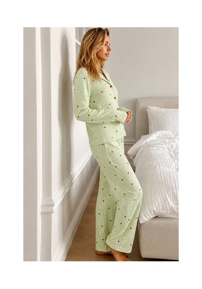 Fit Women Kadın Puantiyeli Uzun Kollu Düğmeli Yeşil Pijama Takımı