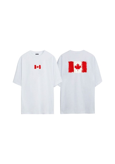 Thewert Unisex Kanada Bayrağı Ön Arka Baskılı Beyaz Oversize T-shirt