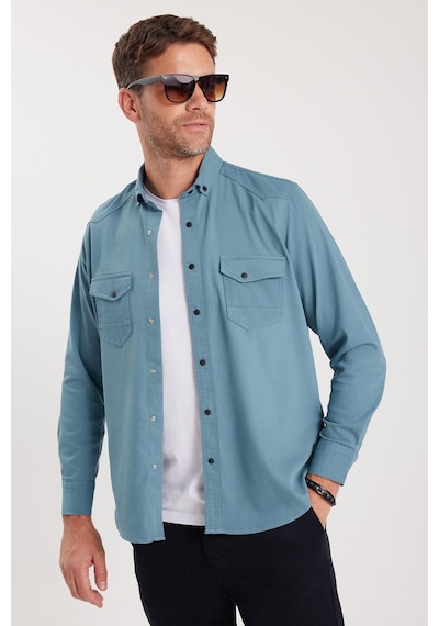 Tudors Erkek Regular Fit Rahat Kesim Çift Cepli Spor Yaka Denim Petrol Gömlek-36858 Petrol