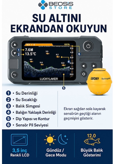 Lucky Ymt-202 Kablosuz Sonarlı Balık Bulucu 260 M Menzil, 45 M Derinlik, 3,5 İnç Renkli Ekran