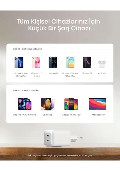 521 Nano Pro Şarj Cihazı, Kompakt, 40w, Powerıq 3.0 Çift Portlu Usb-c Güç Adaptörü, Beyaz - A2038