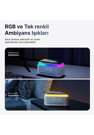 Md-w10 1200mah 10w Gri Bt Usb Rgb Gece Lambası Alarmlı Saat Speaker
