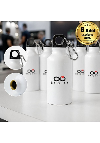 Logonuza Özel 5 Adet Kancalı Spor Su Matarası 600 Ml Alüminyum Kurumsal Matara Beyaz