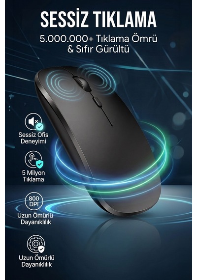 Ultra Slim Sessiz Tıklama Bluetooth Şarjlı 2.4ghz Kablosuz Mouse 1600dpi Siyah 69113 - 934910159 Diğer
