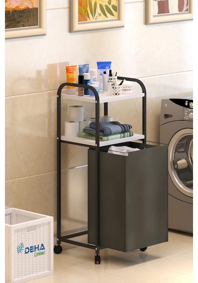 2 Raflı Frenli Tekerlekli Çamaşır Sepeti Banyo Dolabı Kirli Sepetli Banyo Düzenleyici Çamaşırlık 001