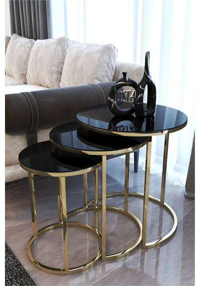 Ecol Desings Ecol Gold Metal Zigon Sehpa Siyah Kırılmaz Cam Altın