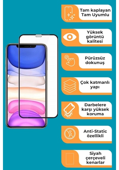 Apple Uyumlu iPhone 11 Tam Kaplayan Premium Ekran Koruyucu Cam Anti-static Özellikli Siyah Çerçeveli Apple Uyumlu iPhone 11 Tam Kaplayan Premium Ekran Koruyucu Cam Anti-static Özellikli Siyah Çerçeveli