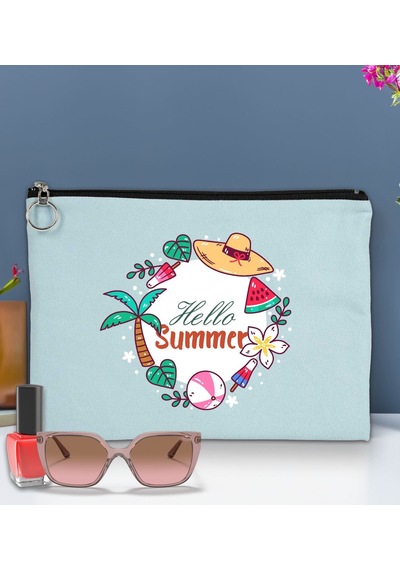 Bk Gift Yaz Temalı-4 Astarlı Açık Mavi Portföy Çanta 30x21cm, Baskılı El Çantası, Organizer Çanta