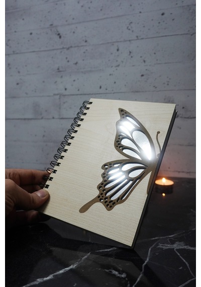 Kelebek Desenli Ahşap Kapaklı Defter - Ajanda - Günlük - Çizgisiz Defter - Notebook - Hediyelik