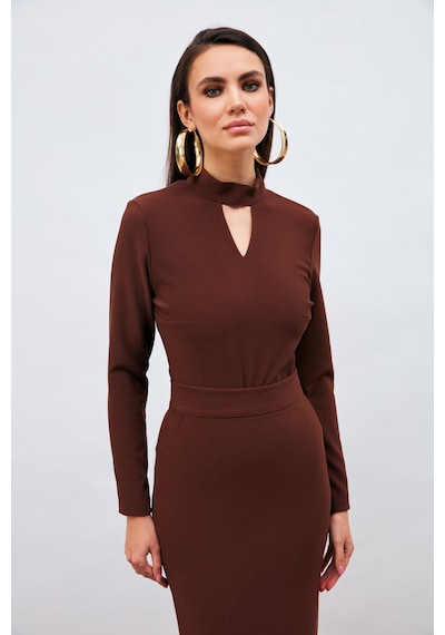 Sateen Sırt Detaylı Bodysuit Bluz - Kahve