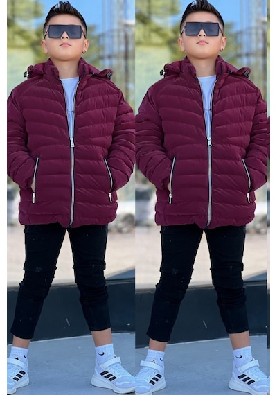 Pina Kids Erkek Çocuk Çıkarılabilir Kapüşonlu Sık Dikişli Nova Kumaş Kışlık Şişme Mont Km4016 Bordo