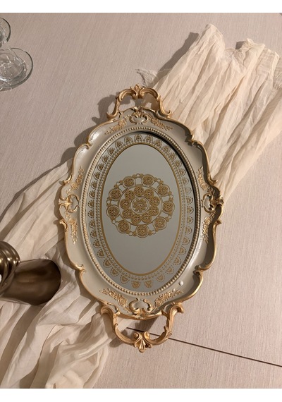 Oval Aynalı Kulplu Dekoratif Tepsi Vizon & Altın Varaklı 48x29 Cm