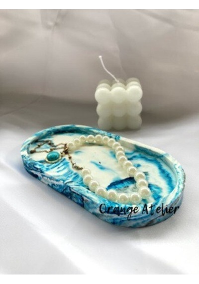 Dekoratif Oval Mavi Beyaz Beton Biblo Tabak Beton Takı Tabağı Mum Tabağı Organizer Mumluk Tütsülük