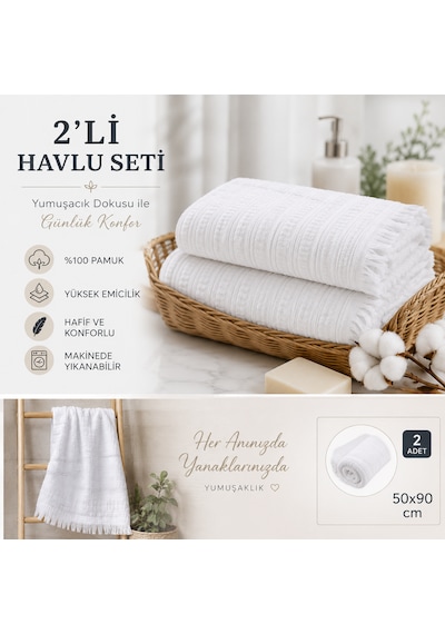 2'li Yüz Havlusu Seti 50x90 Cm Pamuklu El Havlusu Püsküllü Yumuşak Dokulu Yüksek Emici Günlük Kullanım Beyaz