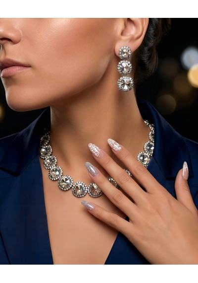 Riviere Kristal Taşlı Çiçek Model Şeffaf Renkli Kolye Küpe Set