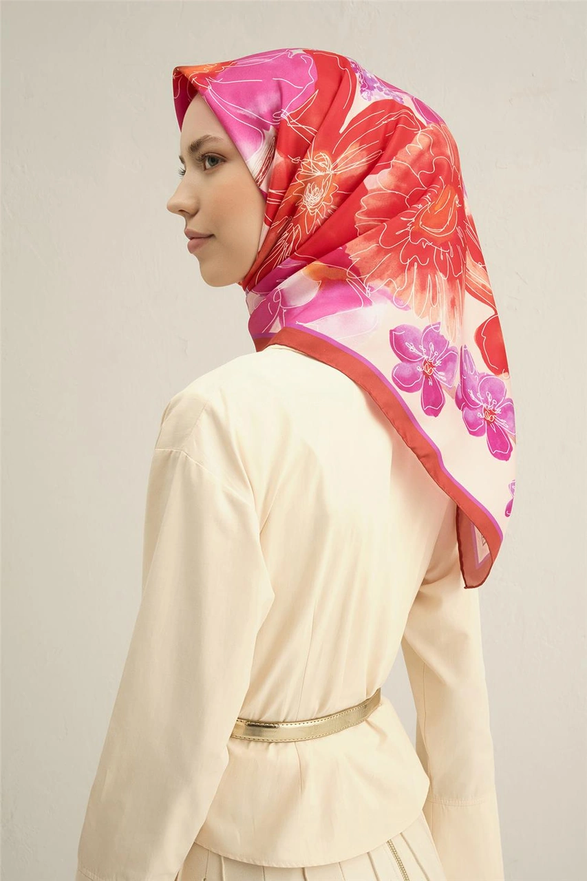Armine Çiçek Desenli Saf İpek Twill Eşarp 9318d 50 Çok Renkli