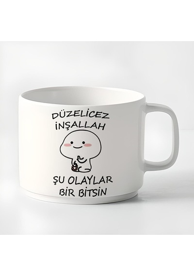 Duble Türk Kahvesi Fincanı & Espresso Düzelicez Inşallah Şu Olaylar Bir Bitsin Baskılı Kupa 180 Ml Beyaz