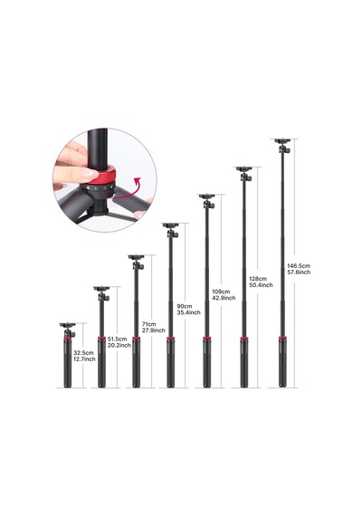 Ulanzi Mt-44 Selfie Çubuğu Telefon Ve Kamera İçin Tripod Maks. 146 Cm Yüksekliğinde Uzatılabilir Siyah/kırmızı
