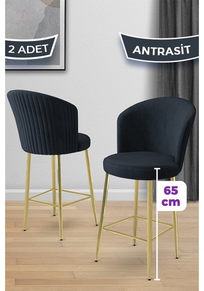 Canisa Alte Serisi 2 Adet Babyface Kumaş 65 Cm Gold Kaplama Ayaklı Antrasit Bar Sandalyesi Antrasit Sandalye Gold Kaplama Ayak