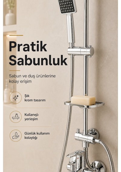 Krom Banyo Bataryası Sıcak Soğuk Mix Kare Tepe Yağmurlama Musluk Ve Fonksiyonlu Robot Duş Seti