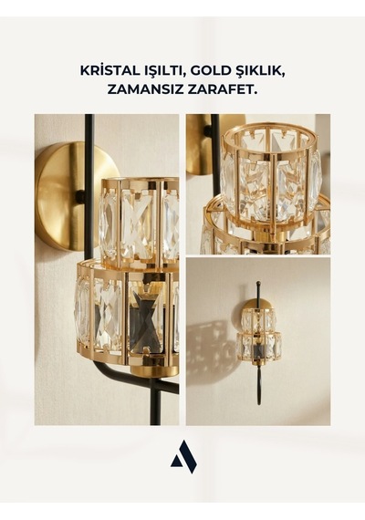 Crysten Kristal Duvar Apliği Gold & Gümüş Dekoratif Metal Duvar Lambası Alldesco Gold