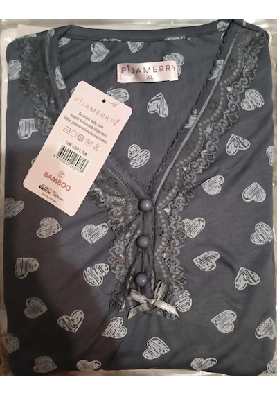 Pijamerry Kadın Bambu Baharlık Dantel Yaka Uzun Kol İnce Pijama Takımı 5204f - 1 Adet Füme