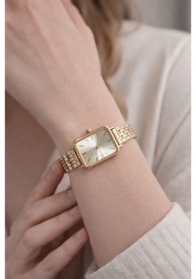 Altın Renk Vintage Minimal Kasa Metal Kordon Analog Zarif Şık Günlük Ofis Gold Kadın Kol Saati Altın