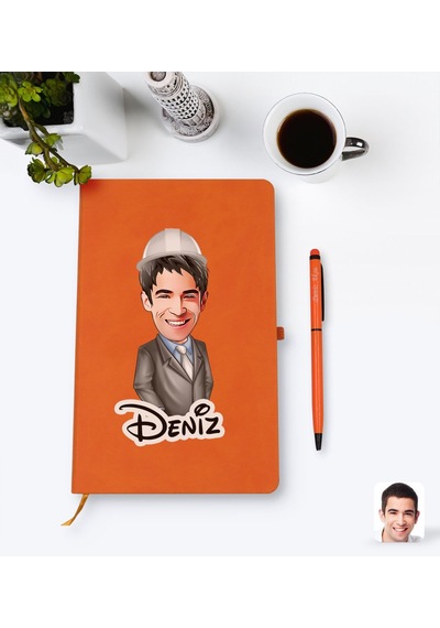 Kişiye Özel Erkek Mühendis Karikatürlü Turuncu Termo Deri Defter