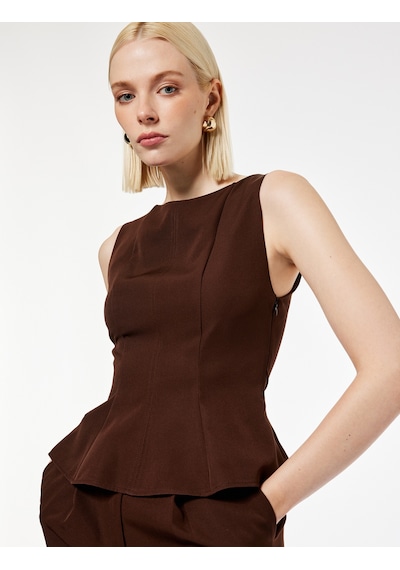 Koton Bisiklet Yaka Kolsuz Peplum Bluz Kahverengi 6wak60105pw Kahve
