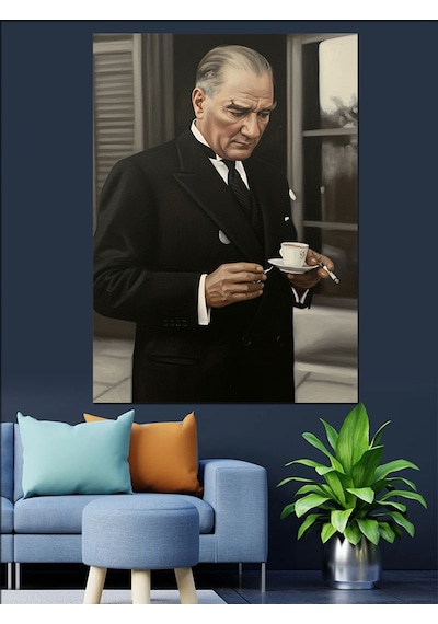 Kahve İçen Atatürk Fotoğrafı Dekoratif Kanvas - Mdf Ahşap Tablo