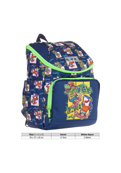 Kaukko İki Bölmeli Ergonomik Erkek Çocuk Okul Çantası Lacivert Yeşil - Dinazor Baskılı - L5256 Lacivert - Yeşil