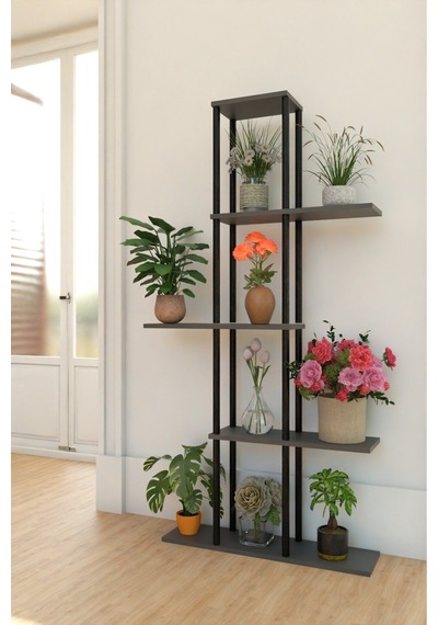 5 Raflı Dekoratif Bitki Standı Sökülebilir Kolay Kurulum Saksı Rafı Salon Balkon Çiçeklik Organizer Antrasit