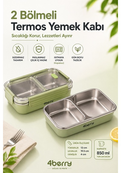 2 Bölmeli Termos Yemek Kabı Sızdırmaz Kapaklı, Paslanmaz Çelik İç Hazneli, 850 Ml - Yeşil