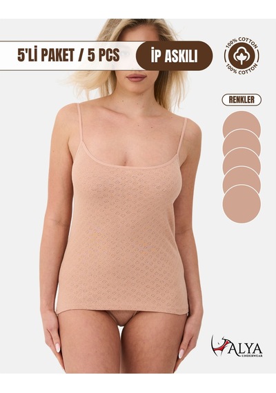 Alya Underwear %100 Pamuk Kumaşlı İp Askılı Kadın Atlet Jakarlı Ribana Kalp İşlemeli 5'li Paket Beyaz Ten Rengi