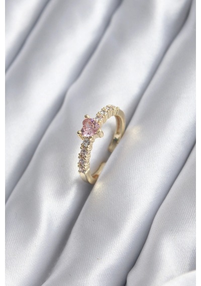 Gold Renk Zirkon Taşlı Pembe Kristal Kalp Model Kadın Yüzük - Lisinya Çok Renkli