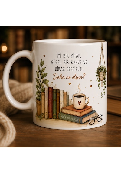 Kitap Ve Okuma Tema Baskılı Kupa Açık Beyaz