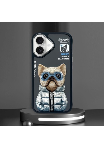 Apple Uyumlu iPhone 16 3d Gerçek Nakış İşleme Gözlük Ve Fermuar Detaylı Bulldog Telefon Kılıfı Şeffaf
