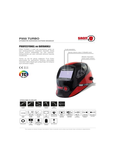P950 Turbo Otomatik Kararan Kaynak Maskesi True Color Temiz Net Görüntü