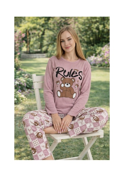 Rindahomewear Kadın Rules Ayıcık Baskılı Süprem Uzun Kol Pijama Takımı Murdum1