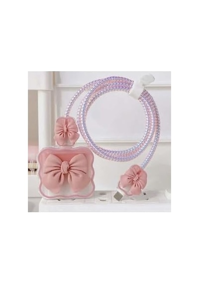 Psr Aksesuar 5230 Şarj Aleti Kılıfı & Kablo Koruyucu Set İphone 18w/20w Uyumlu Kurdele Figürlü Adaptör Kılıfı, Kablo Düzenleyici, Şarj Ucu Koruyucu Set Pembe