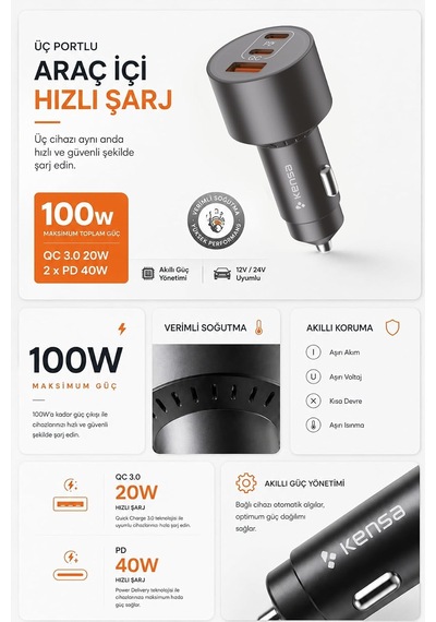 Tr 100w Araç Hızlı Şarj Aleti 2 Usb-c + Qc Usb Girişi Tüm Araçlar Uyumlu Şarj
