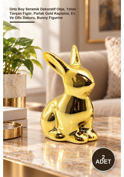 2 Adet Tavşan Biblo Orta Boy Seramik Dekoratif Obje, Yatan Tavşan Figür, Parlak Gold Kaplama, Ev Ve Ofis Dekoru, Bunny Figurine 1
