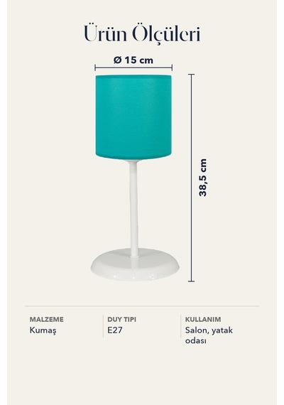 Şenay Aydınlatma Metal Ayaklı Silindir Kumaş Abajur Masa Lambası Turkuaz Salon Yatak Odası