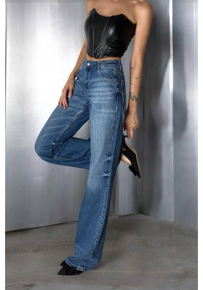 Lacarino 7650 Baggy Flare Kadın Jean Pantolon Blue